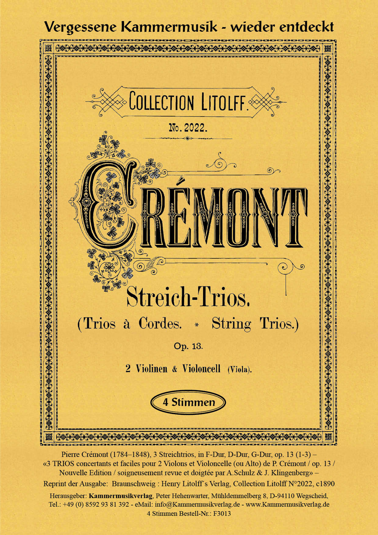 F3013-Cremont_TitelgrafikehwQ07V4z2a7z Crémont, Pierre – 3 Streichtrios, in F-Dur, D-Dur, G-Dur, op. 13