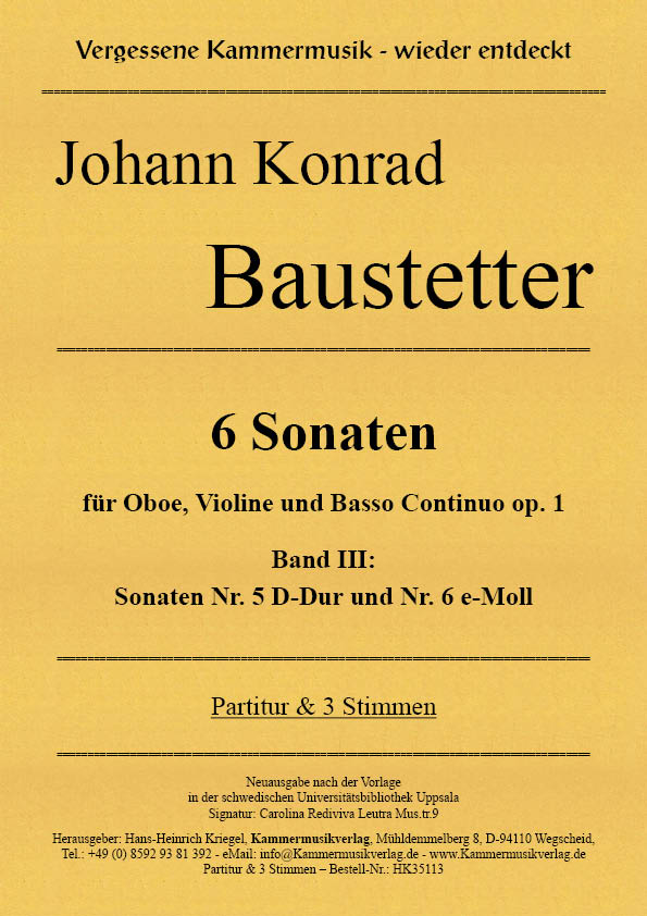 HK35113-Bau-Son_5_6__Titelgrafik Baustetter, Johann Konrad  – 6 Sonaten für Oboe, Violine und Basso Continuo op. 1 Band III