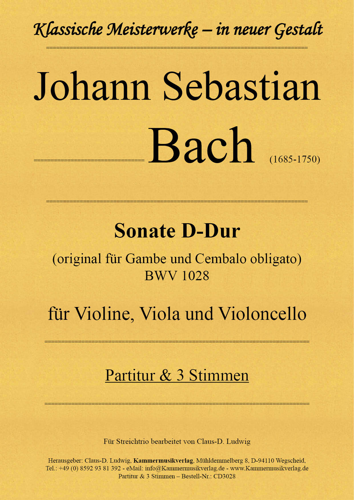 CD3028-Bach-Sonate_D_Dur__Titelgrafik Bach, Johann Sebastian – Sonata in D major for violin, viola and violoncello