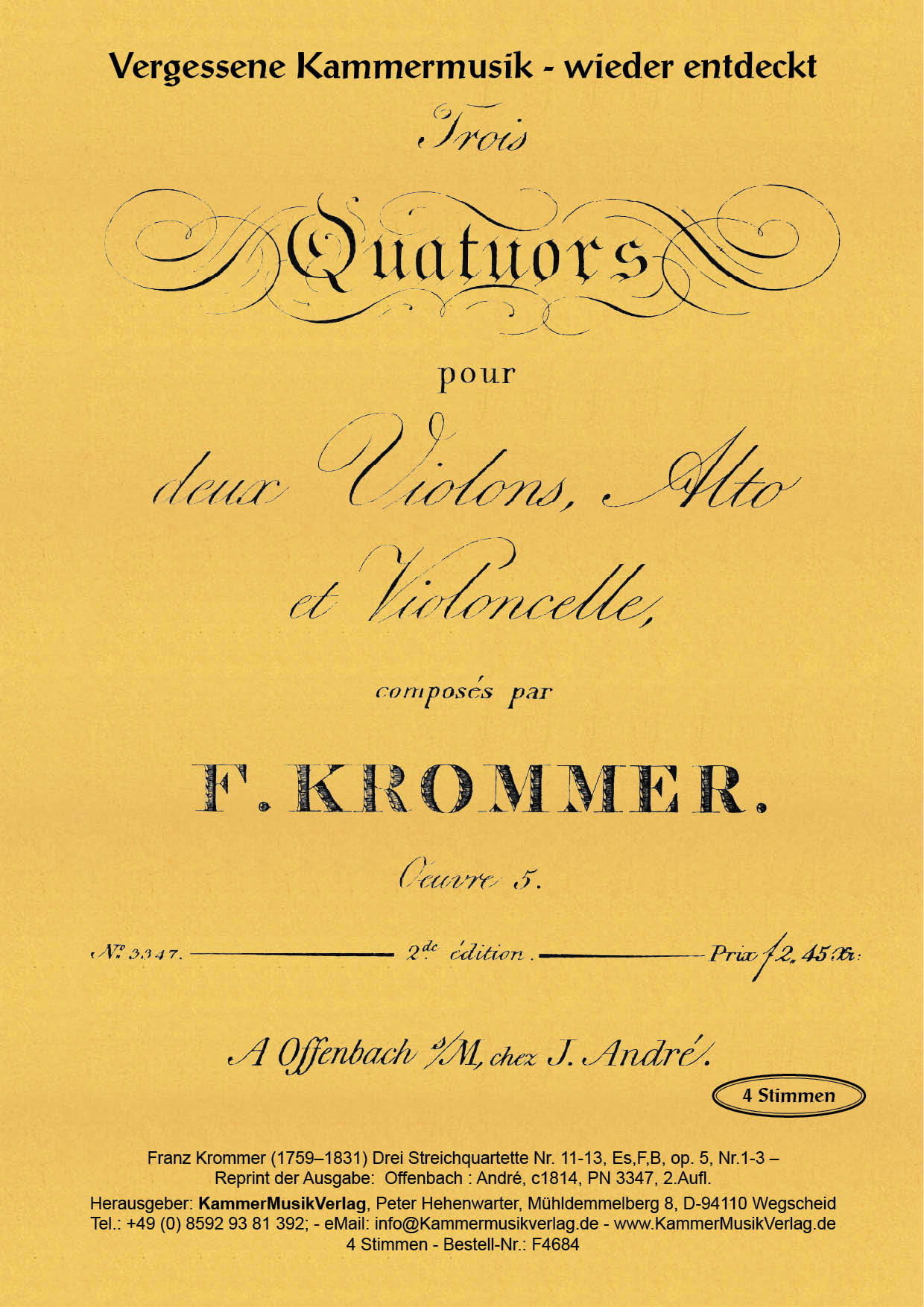 F4684-Krommer_op_5__Titelgrafik Krommer, Franz - Three string quartets No. 11-13, Eb, F, B, op. 5, No. 1-3