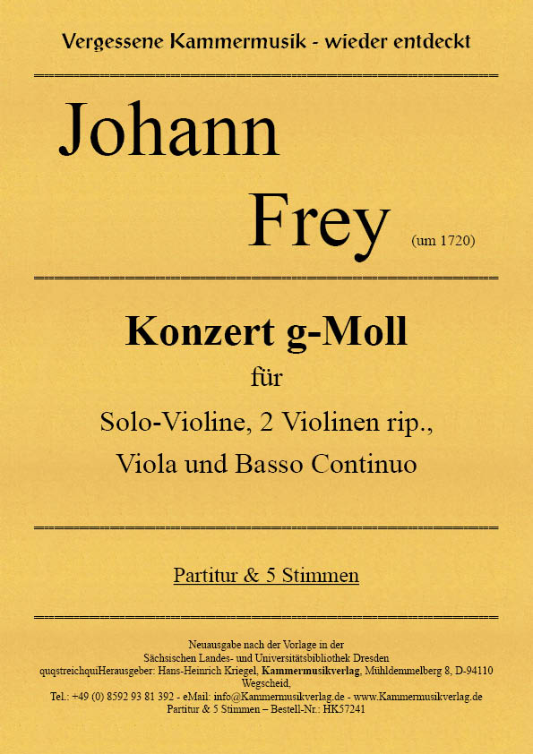 HK57241-Frey-Konzert-g-Moll__Titelgrafik Frey, Johann - Concerto in G minor for solo violin, 2 violins rip., viola and basso continuo