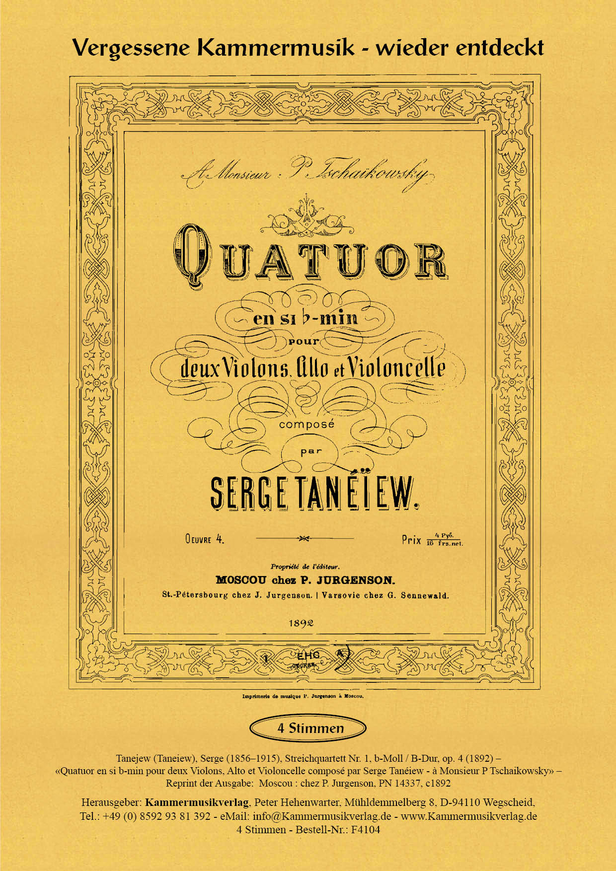 F4104-Tanejew-Serge_op_4__Titelgrafik Tanejew  (Taneiew), Serge – Streichquartett Nr. 1, b-Moll / B-Dur, op. 4
