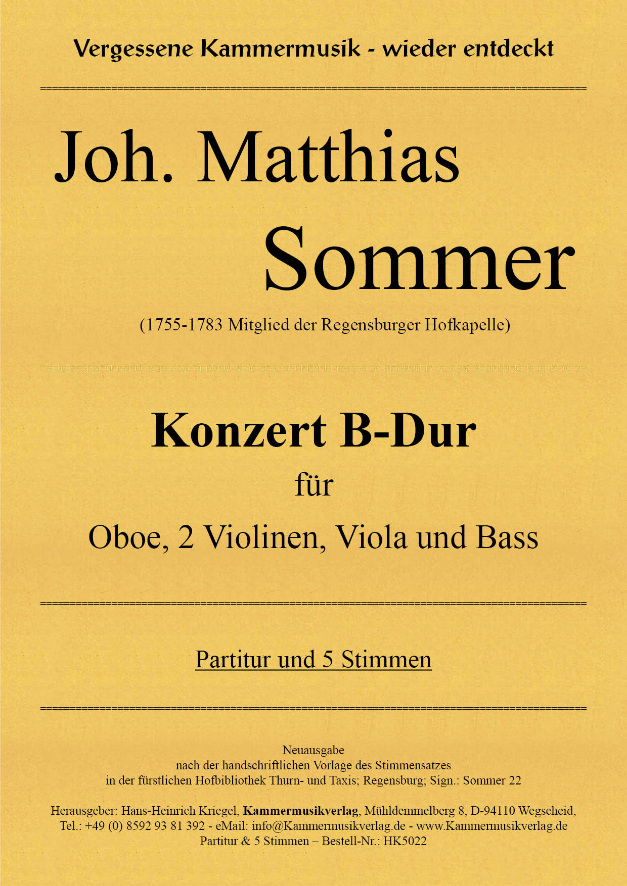 HK5022-Sommer-1-B-Dur__Titelgrafik Summer, Joh. Matthias - Concerto in B flat major