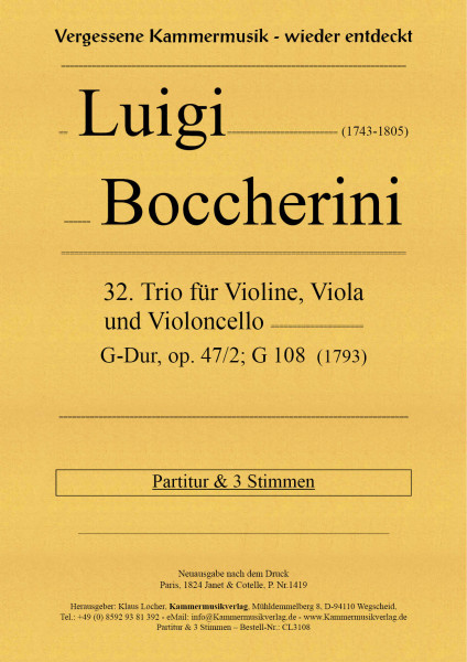 Boccherini, Luigi – 32. Trio für Violine, Viola und Violoncello, G-Dur, op. 47, Nr. 2, G 108