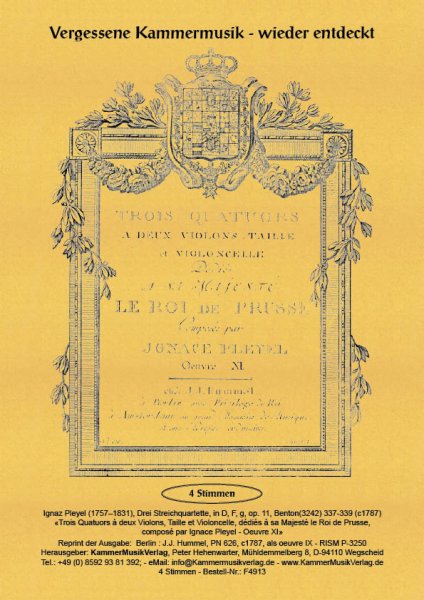 Pleyel, Ignaz – Sechs Streichquartette, in D, F, g, op. 11, Benton(3242) 337-339