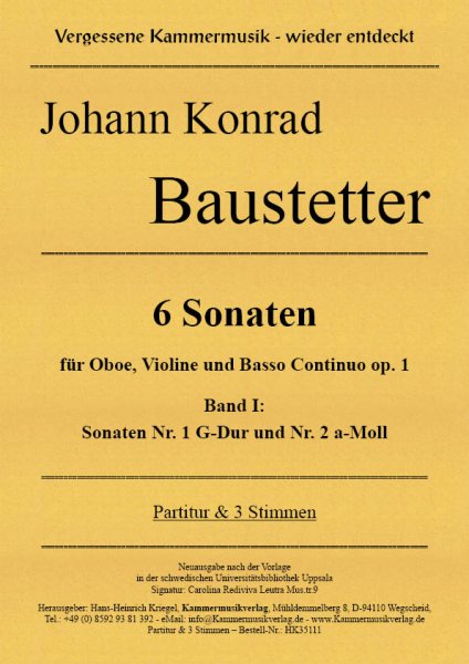 Baustetter, Johann Konrad – 6 Sonaten für Oboe, Violine und Basso Continuo op. 1 Band I