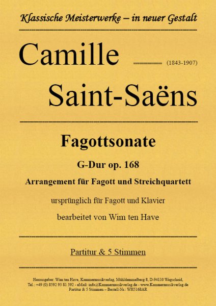 Saint-Saëns, Camille – Fagottsonate G-Dur op. 168 Arrangement für Fagott und Streichquartett