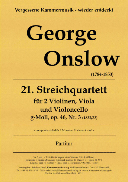 Onslow, George – Streichquartett Nr. 21, g-Moll, op. 46-3