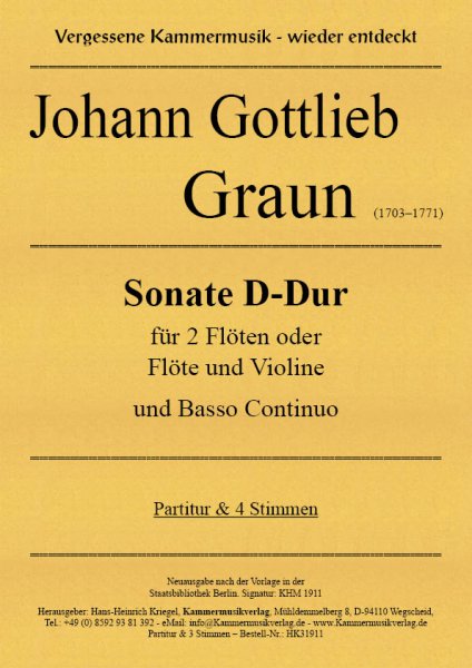 Graun Johann Gottlieb – Sonate D-Dur für 2 Flöten oder Flöte und Violine und Basso Continuo