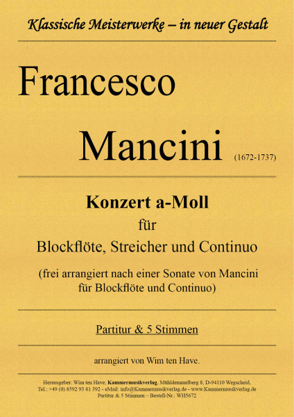 Mancini, Francesco – Konzert a-Moll für Blockflöte, Streicher und Continuo