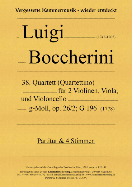 Boccherini, Luigi – 38. Quartett für 2 Violinen, Viola und Violoncello