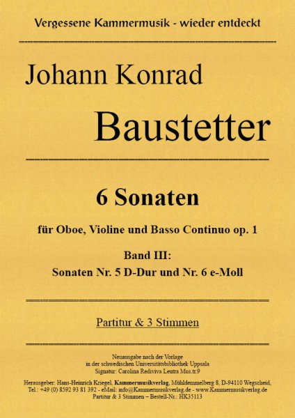 Baustetter, Johann Konrad – 6 Sonaten für Oboe, Violine und Basso Continuo op. 1 Band III