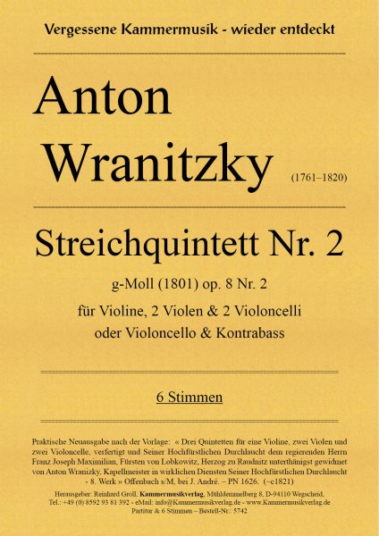 Wranitzki, Anton – Streichquintett Nr. 2, B-Dur, op. 8 Nr.2