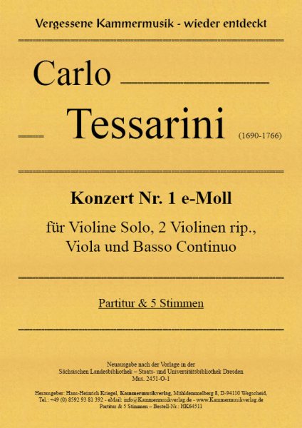 Tessarini, Carlo – Konzert Nr. 1 e-Moll für Violine Solo, 2 Violinen rip., Viola und Basso Continuo