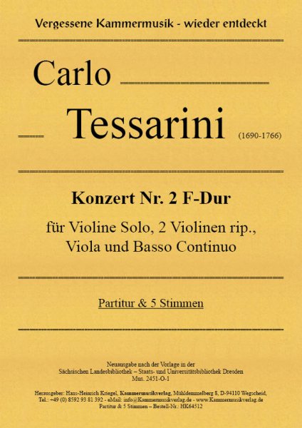 Tessarini, Carlo – Konzert Nr. 2 F-Dur für Violine Solo, 2 Violinen rip., Viola und Basso Continuo
