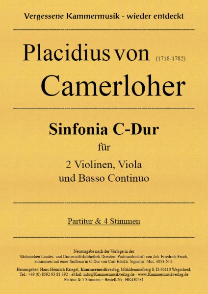Camerloher, Placidius von – Sinfonia C-Dur für 2 Violinen, Viola und Basso Continuo