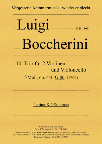 Boccherini, Luigi – 10. Trio für Violine, Viola und Violoncello, f-Moll, op. 4, Nr. 4, G 86